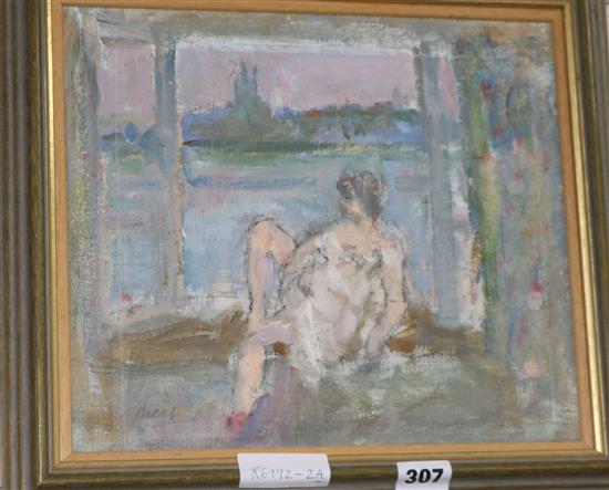 Andre Bicat (French, 1909-1996), oil on canvas board, reclining nude figure by a window, 25.5 x 29.5cm